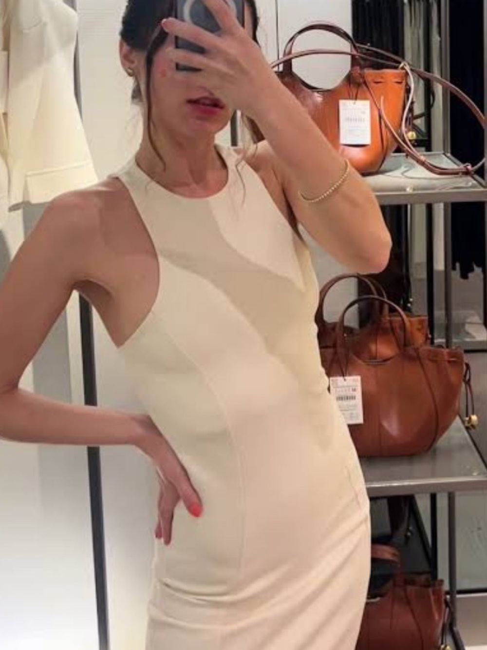 Zara Cream Sleeveless Fitted Midi Dress
